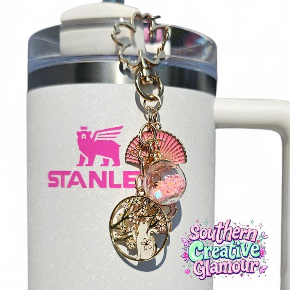Pink Sakura Kitty Cat Charm Pendant | Cat Tumbler Charm | Straw Dangle